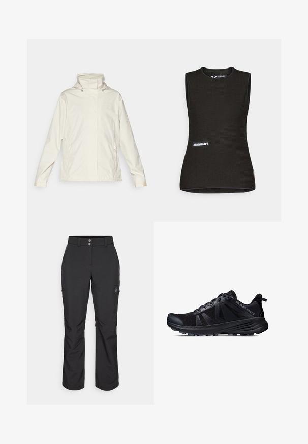 Világos bézs színű vízálló dzseki magas gallérral, cipzáros oldalsó zsebekkel és diszkrét márkalogóval a mellkasán. Sima textúra, laza dizájn.; Fekete ujjatlan póló struktúrált mintával, kerek nyakkivágással és elől található "MAMMUT" logóval. Lélegző anyagból készült.; Fekete, egyenes szabású kinti nadrág, gombos záródással, cipzáros oldalzsebekkel és logóval a bal combon.; Fekete terepfutó cipő hálós felsőrésszel és gumitalppal. Texturált betétekkel, megerősített orr résszel és márkalogóval a saroknál.