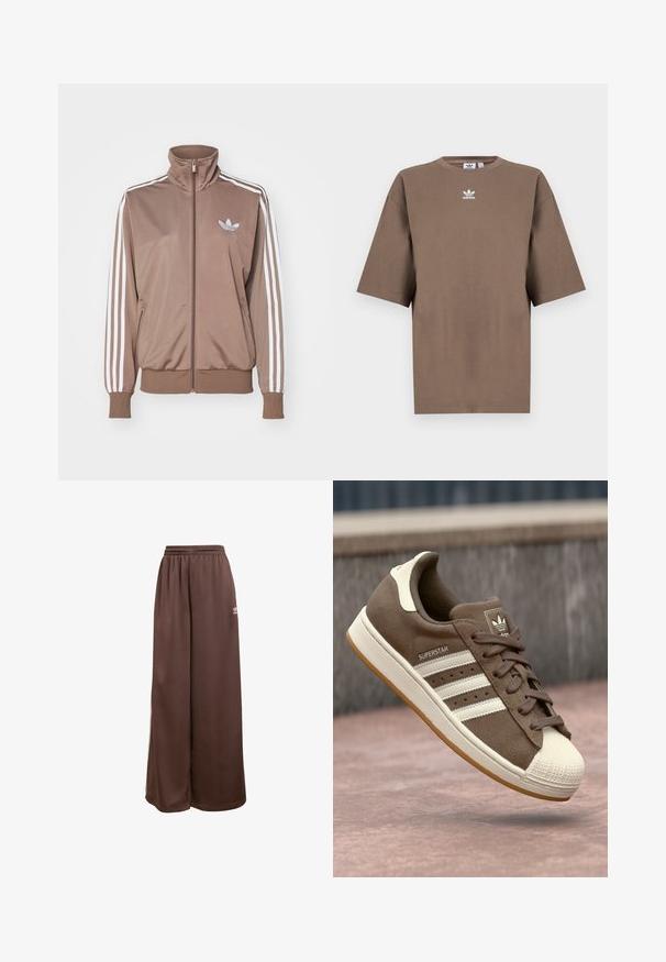 Brūns sporta džemperis ar augstu apkakli, baltiem trim slīdņiem uz piedurknēm, ar rāvējslēdzēju un mazu iepresēta logo uz krūtīm.; Brūna kokvilnas T-krekls īsām piedurknēm, apaļa kakla izgriezums, ar baltu Adidas logo centrā krūtīs, ar vienkāršu dizainu un brīvu piegriezumu.; adidas Originals Treniņtērpa apakšdaļas - auburn cream white; Brūni zamšādas sporta apavi ar baltām svītrām, krēmkrāsas akcentiem un gumijas purngalu. Piedāvā saistīšanas dizainu un teksturētu gumijas zoli.