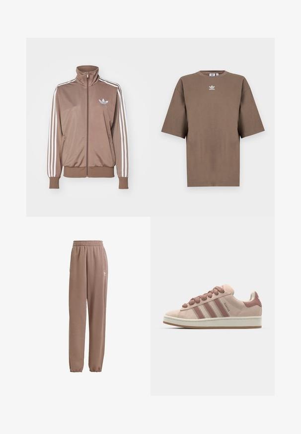 Brun jakke med høy krage, hvit tre-stripes design på ermene, glidelås foran og en litenpreget logo på brystet.; Brun bomulls t-skjorte med korte ermer, rund hals og hvit Adidas-logo sentrert på brystet, med ensartet design og avslappet passform.; Brune joggebukser laget av mykt stoff, med elastisk midjebånd, sidelommer og elastiske mansjetter, og med et hvitt logoaksent.; Rosa semskede sneakers med tre mørkere rosa striper, runde snørebånd og en hvit mellomsole. Designet med en polstret krage for komfort.