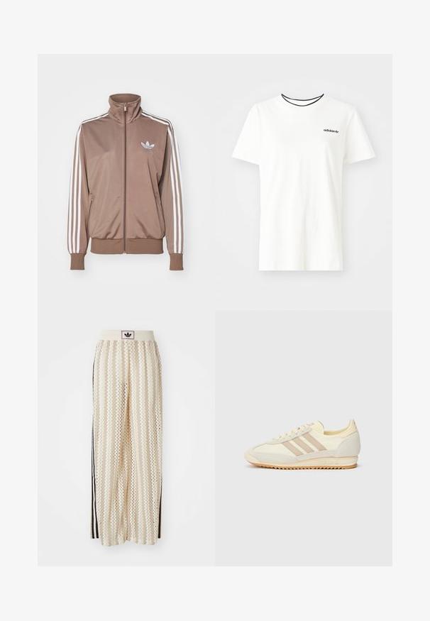 Bruine trainingsjack met hoge kraag, witte drie-strepenontwerp op de mouwen, ritssluiting en een klein reliëflogo op de borst.; Witte katoenen t-shirt met korte mouwen en een ronde halslijn. Heeft een zwart Adidas-logo op de borst en een contrasterende zwarte binnenkraag.; Crème kleurige wijde broek met een zigzagpatroon, met een zwarte logo tailleband en zij zwarte strepen. Lichtgewicht, gestructureerde stof.; Crème sport sneaker met drie beige strepen, suède en textielmaterialen, een gestructureerde zool en geperst logo op de hiel.