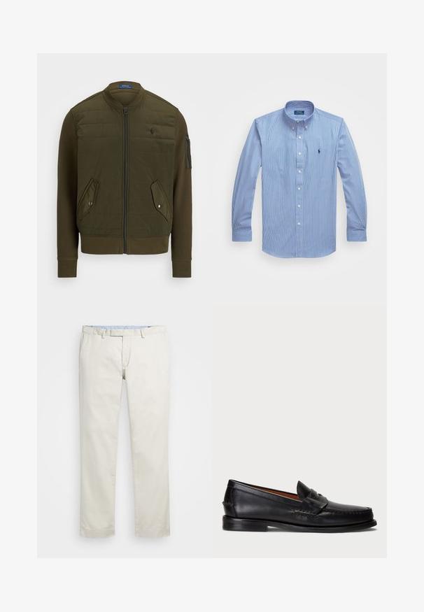 Casaco bomber verde oliva com frente acolchoada, fecho de correr completo, punhos em ribana e dois bolsos frontais. Possui um bolso com fecho de correr na manga.; Camisa de botão de manga longa às riscas em azul e branco, com colarinho clássico, botão na frente e logótipo bordado no peito.; Chinos de algodão bege com frente plana, passantes para cinto e bolsos laterais. Design de perna reta com uma textura suave e uma sensação leve e respirável.; Sapato de couro preto tipo loafer com bico arredondado, detalhes em costura e faixa decorativa na frente. Sola plana com perfil mínimo.
