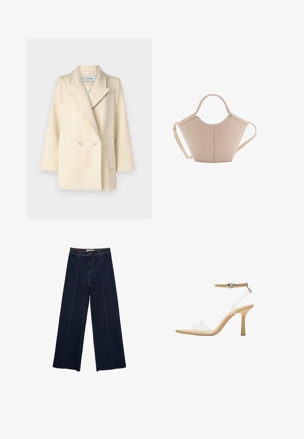 Krema barve dvojni plašč s poševnimi reverji, stranskimi žepi in svetlimi gumbi. Gladek, strukturiran material z minimalno teksturo.; Rjava kratka majica s kratkimi rokavi iz mehkega materiala, s krožnim izrezom in ohlapnim krojem. Brez vidnih vzorcev ali dodatkov.; Široke temno jeans hlače z kontrastnim šivanjem, visok pas in ravno krojenje. Imajo sprednje žepe in klasično zapiranje s gumbom.; Sandal z jasnim petnikom s prozornim zgornjim delom, bež podplatom in sivim trakcem okoli gležnja. Ima koničast nos in tanek visoki petek.; Bežna usnjena torbica edinstvene oblike, z dvema kratkima ročajema in dolgim nastavljivim trakom. Gladka tekstura z minimalno kovinsko opremo.