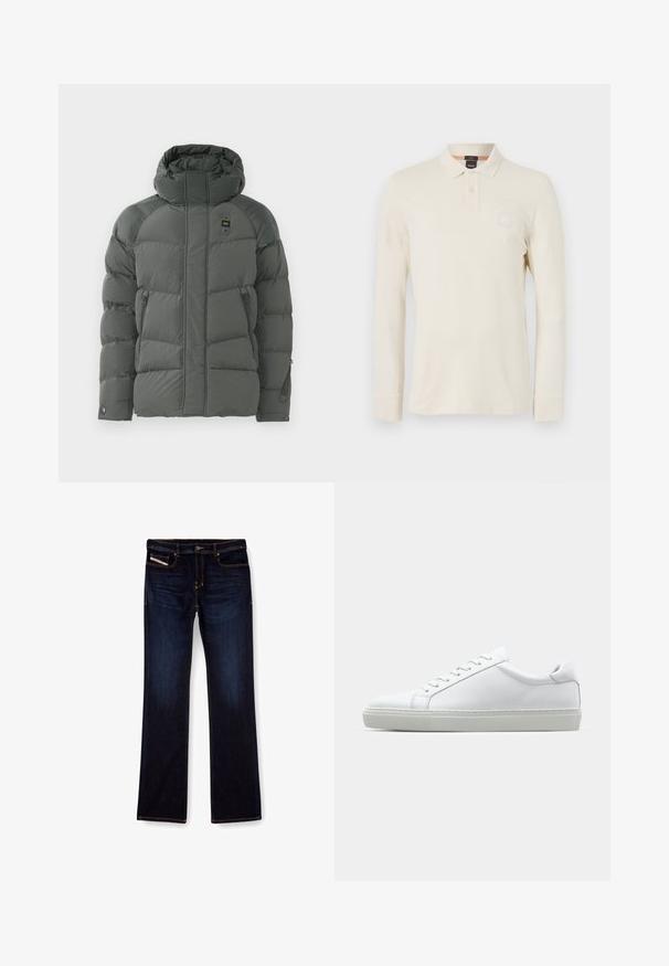 Polstret hættejakke i mørkegrå, med lynlåslommer i siderne, en glat tekstur og et slidstærkt stof med en mat overflade.; Langærmet polo t-shirt i lys beige, lavet af glat stof, med polo krave, to-knaps placket og et lille logo patch på brystet.; Mørkeblå denim jeans med lige ben, med orange syninger, lynlås og forlommer. Glat tekstur og standard talje.; Hvide sneakers med en glat læderoverdel og lav profil. Har en rund tå, seks snørehuller og en tekstureret gummisål.