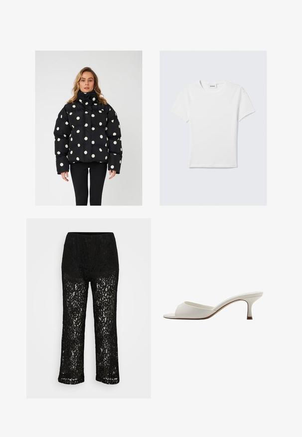 Čierna nafukovacia bunda s oversize strihom, s veľkými bielymi bodkami, vysokým golierom a elastickými manžetami. Textúra sa zdá byť hladká a lesklá.; Biele tričko s krátkym rukávom z bavlny. Má okrúhly výstrih, jednoduchý dizajn a logo štítok na výstrihu. Hladká textura.; Čierne čipkované nohavice so širokými nohavicami, nepriehľadným podšívkovým materiálom, kvetinovým vzorom a elastickým pásom na jednofarebnom pozadí.; Biele sandále na vysokom podpätku otvorené na špičke s hladkým povrchom, minimalistickým dizajnom a štíhlym podpätkom, s jemným hnedým akcentom na podrážke.