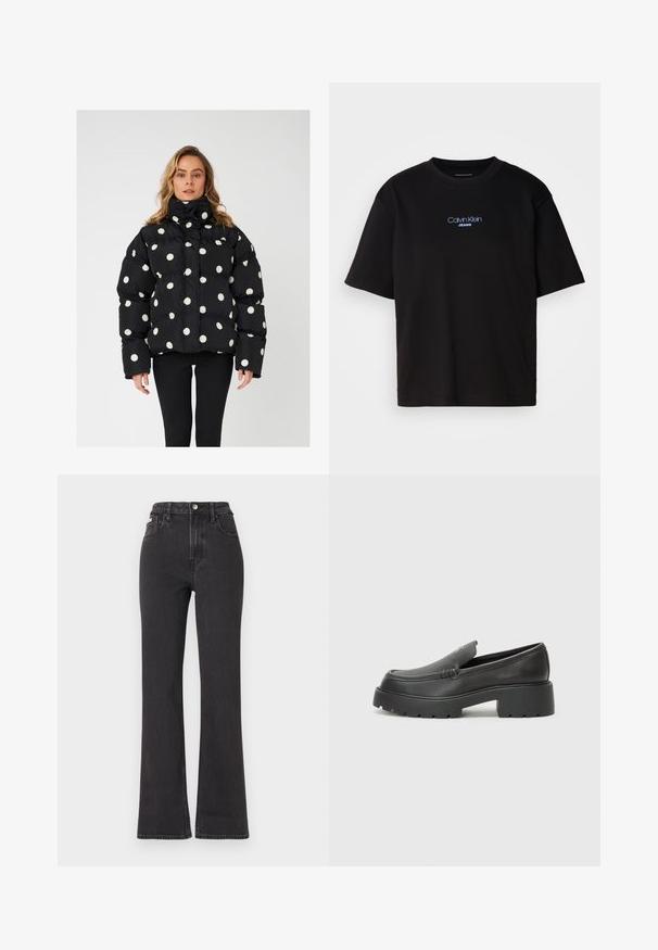 Černá péřová bunda s oversized střihem, která má velké bílé puntíky, vysoký límec a elastické manžety. Povrch vypadá hladce a leskle.; Černé bavlněné tričko s kulatým výstřihem a krátkými rukávy, s modrou vyšitou nášivkou "Calvin Klein JEANS" na přední straně.; Černé vysoké rozšířené džíny z denimu, se zapínáním na knoflík, poutky na opasek a bočními kapsami. Hladká textura s minimálním vyblednutím.; Černé kožené mokasíny s okrouhlou špičkou, silnou strukturovanou podrážkou a minimálními detaily šití. Elegantní design bez viditelných tkaniček nebo kovových prvků.