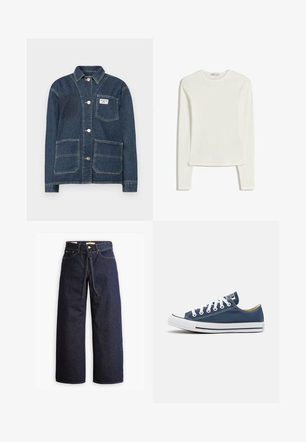 BDG Urban Outfitters RAILROAD JACKET - Traper jakna - rinse denim; Bijela majica dugih rukava od mekog, glatkog materijala. Sadrži okrugli izrez i uski kroj s minimalnim detaljima šivanja.; Široke tamnoplave traperice s visokim strukom, s vezicom, pet džepova i kontrastnim detaljima šavova.; Platnene tenisice u tamnoplavoj boji s bijelim rupicama i vezicama, s bijelim gumiranim vrhom prsti i crnom prugom duž potplata.