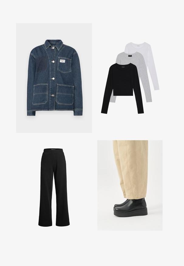 BDG Urban Outfitters RAILROAD JACKET - Farkkutakki - rinse denim; Kolme pitkähihasta paita päällekkäin: musta, harmaa ja valkoinen. Jokaisessa on pyöreä pääntie ja lyhennetty muotoilu, jossa on sileä ja kevyt kangas.; Mustat verkkarit leveällä lahkeella, valmistettu pehmeästä kankaasta. Ominaisuuksiin kuuluu joustava vyötärö ja minimimäärä saumoja mukavuutta varten.; Musta nahkasaappaat nilkkoihin, pyöreällä kärjellä ja paksupohjalla. Yhdistetty vaaleanruskeisiin leveälahkeisiin housuihin, joissa on näkyviä ompeluyksityiskohtia.