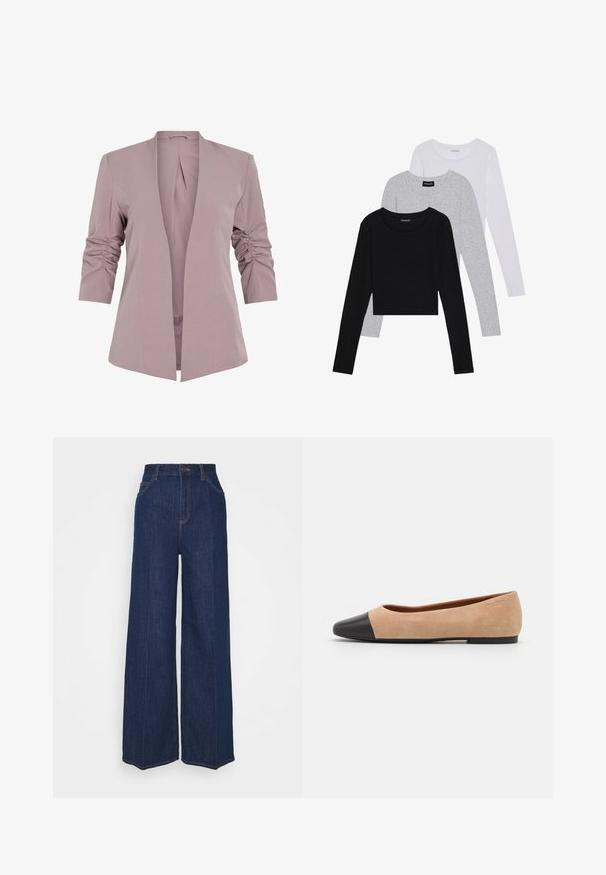 Gaiši lavandas jaka ar pielāgotu dizainu, trīs ceturtdaļu bārkstainām piedurknēm un atvērtu priekšu. Gluda auduma un minimālisma siluets.; Trīs garām piedurknēm veidotas augšdaļas, sakrautās: melna, pelēka un balta. Katram ir noapaļots kakla izgriezums un īsa dizaina forma ar gludu, vieglu audumu.; Augstas jostas līmeņa plaša kāju tumši zila džinsu bikses ar priekšējiem un aizmugurējiem kabatām, poga aizdare un redzami šuvju detaļas.; Beigā zamšādas balerīnas ar melnu ādas noapaļotu purngalu, zemu papēdi un gludu tekstūru, ar minimālu dūrienu un tīru dizainu.
