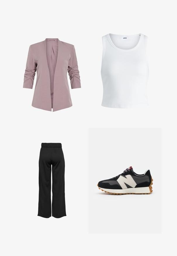 Heled lavendel blazer, mille disainiga, kolmeveerandi volangvarrukatega ja avatud esiosaga. Sile kangas ja minimalistlik siluett.; Valge ribakujuline tank top, millel on ümmargune kaelus, varrukateta disain ja lühike pikkus. Silt ütleb "JJXX." Sile kangast tekstuur.; Mustad, laiad püksid elastse vöökohtaga, valmistatud siledast kangast. Omab lihtsat disaini, ilma taskute või nähtavate õmbluste detailideta.; Mustmust ja halli nubukist tennisajal on suur kreemjas "N" logo, lilla paelad ja tekstureeritud kummist välispohja.