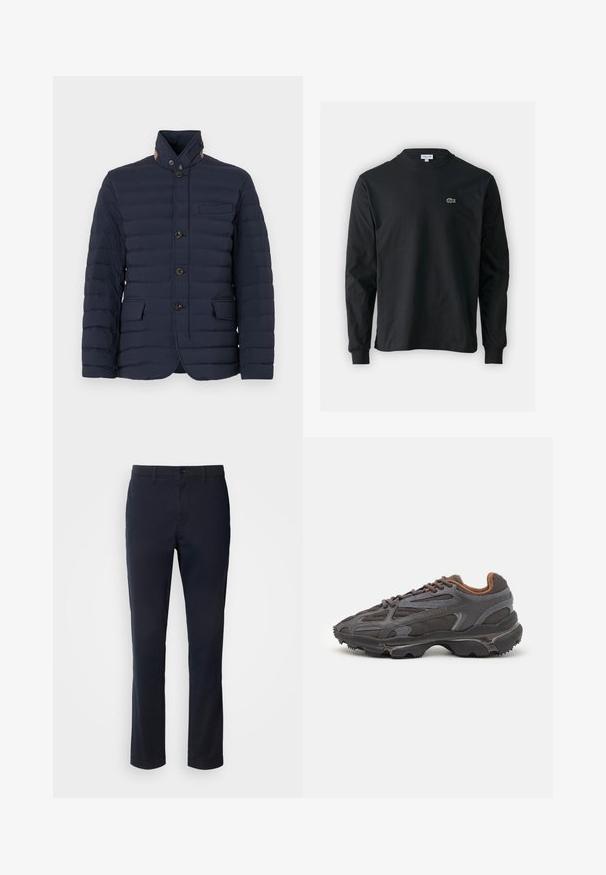 Hackett London ULTRA BLAZER - Allvädersjacka - midnight blue; Svart långärmad t-shirt i bomull, med rund halsringning och en liten grön broderad krokodil-logotyp på vänster bröst.; Mörkblå byxor i slätt tyg, med rak bendesign, bälteshällor och knappstängning med dragkedja.; Lacoste-sneakers i mörkgrått med nät och syntetmaterial, med en strukturerad sula och bruna detaljer på kragen och varumärket.