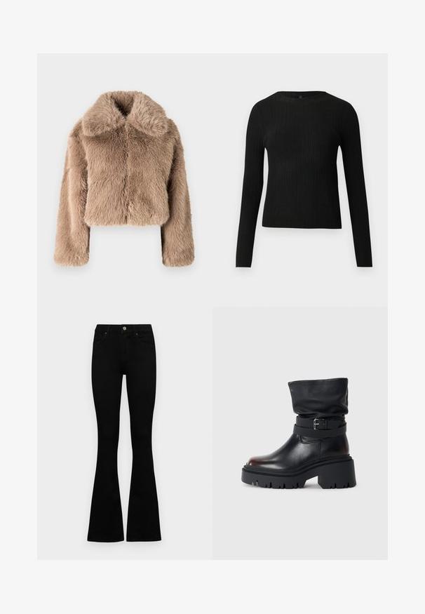 GAP CROPPED - Téli dzseki - beige/taupe; Fekete bordázott, hosszú ujjas, testhez simuló pulóver kerek nyakkivágással, világos, egyszínű háttér előtt kiemelve.; Fekete, magas derekú farmernadrág gomb- és cipzárzárral, elülső zsebekkel és harangszárral, laposan egy fehér háttérre terítve.; Fekete bőr bokacsizma laza felső résszel, csattal díszítve és vastag, strapabíró talppal. Kerek orrú és sima textúrájú.