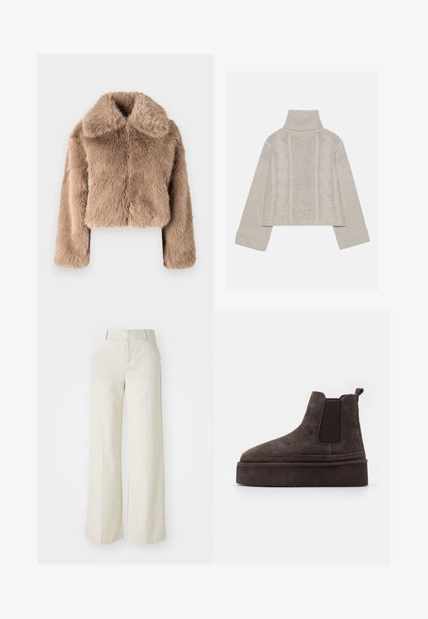 GAP CROPPED  - Talvejope - beige/taupe; Lühendatud, heledast hallist kudumist valmistatud sviiter kõrge kraega ja ribidega mansettidega, millel on tekstuursed nööri mustrid seljal ja külgedel.; Laiad püksid helesbežis värvitoonis, valmistatud siledast kangast. Omavad klassikalist vööd ja siledat fronti puhaste joontega.; Pruunid suede Chelsea saapad elastsete külgpaneelidega ja paksu, tekstureeritud platvormitald. Omab kandmismugavuse jaoks kandaabi kandmisel.