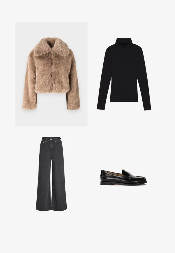 GAP CROPPED - Ziemas jaka - beige/taupe; Melnā turtlenecka garām piedurknēm augšdaļa, izgatavota no ribotas auduma, ar pieguļošu piegriezumu, augstu kakla izgriezumu un bez rakstiem vai akcentiem.; Augstās vidukļa melnas plata kāju džinsu bikses ar priekšējo pogu un rāvējslēdzēju, piecām kabatām un neapstrādātas apakšmalas detaļām.; Melnas ādas loferes ar noapaļotu purngalu, viegli uzvelkamas un ar diskrētām dūrieniem augšdaļā. Vienkārša gumijas zole.