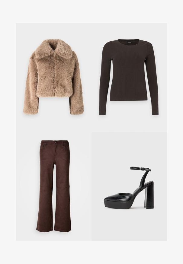 GAP CROPPED - Zimná bunda - beige/taupe; Hnedý, dlhý rukáv, rebrovaný top s okrúhlym výstrihom. Vyrobený z hladkého, elastického materiálu, s priliehavým strihom a minimálnym zdobením.; Hnedé rozšírené nohavice z mäkkého, semišovému podobného materiálu. Obsahujú štyri vrecká, zapínanie na gombík a hladký, textúrovaný povrch.; Čierne platformové podpätky so špicatou špičkou a nastaviteľným členkovým remienkom. Vyrobené z hladkej kože a so robustným blokovým podpätkom.