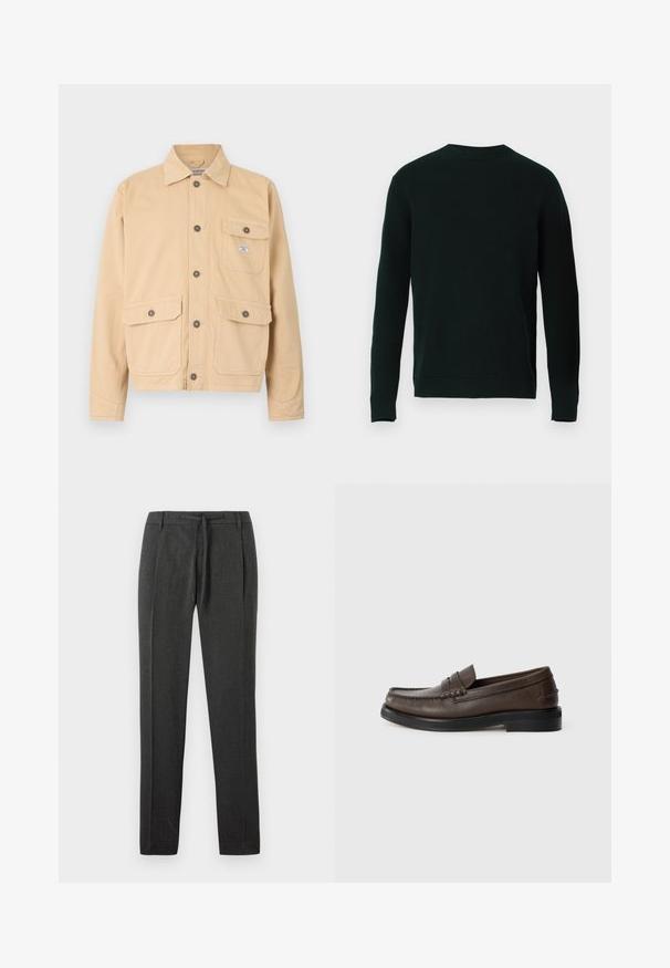 Beige vászoning, gombos elülső résszel, két nagy, lapos zsebből álló elülső zsebbel és egy kis mellsz-zsebbel. Normál gallér és hosszú ujjak.; Sötétzöld, hosszú ujjú kötött pulóver bordázott kerek nyakkal, mandzsettákkal és alsó szegéllyel, egy sima fehér háttér előtt bemutatva.; Sötétszürke nadrág, textúrált anyagból, egyenes lábú dizájnnal, elülső redőkkel és húzózsinórral ellátott derékkal. Nincs látható zseb vagy díszítőelem.; Barna bőrből készült loaferek kerek orral, részletes varrással és lapos fekete talppal. Jellemzője egy kis díszítő pánt a lábfej fölött.