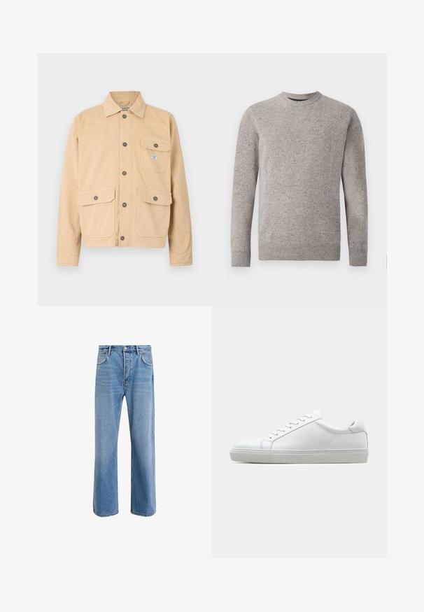 Beige canvas jacket featuring a button-up front, two large front pockets with flaps, and a small chest pocket. Standard collar and long sleeves.; Light gray knitted sweater with a crew neckline, long sleeves, and ribbed cuffs and hem. Textured pattern with flecks of color.; Light blue denim jeans with a straight-leg design, five pockets, button closure, minimal fading, and contrasting stitching details.; White sneaker with a smooth leather upper and a low profile. Features a rounded toe, six eyelets, and a textured rubber sole.