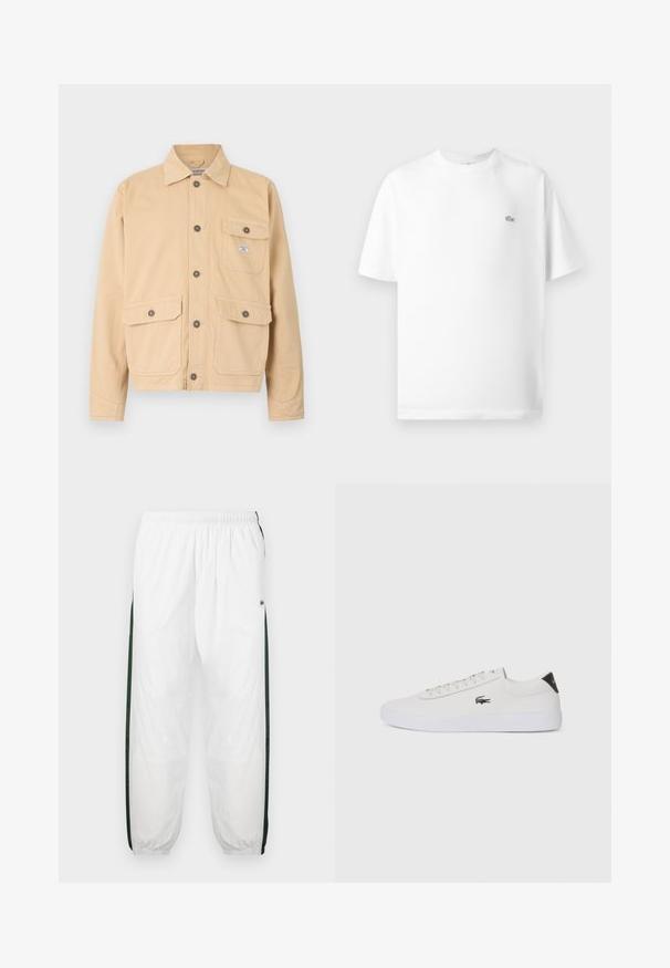 Μπεζ καμβάς μπουφάν με κουμπωτή μπροστινή πλευρά, δύο μεγάλες μπροστινές τσέπες με καπάκι και μία μικρή τσέπη στο στήθος. Τυπικό γιακά και μακριά μανίκια.; Λευκή βαμβακερή μπλούζα T-shirt με στρογγυλή λαιμόκοψη και κοντά μανίκια. Διαθέτει ένα μικρό μαύρο λογότυπο Lacoste στην αριστερή πλευρά του στήθους.; Λευκό παντελόνι φόρμας με σκούρα πράσινα πλαϊνά πάνελ. Ελαφρύ υλικό, ελαστική μέση και μανσέτες στο κάτω μέρος. Διαθέτει διχτυωτή υφή στα πλαϊνά πάνελ.; Λευκό δερμάτινο sneakers με στρογγυλή μύτη, κορδόνια μπροστά και μαύρη λεπτομέρεια στη φτέρνα. Διαθέτει ένα μικρό κεντημένο λογότυπο κροκοδείλου στο πλάι.