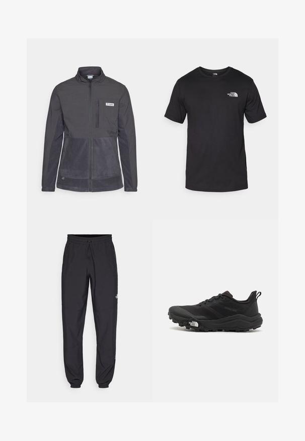 Columbia UNCHARTED™ FULL ZIP - Flísová bunda - shark; Čierne tričko s krátkym rukávom vyrobené z bavlny, s okrúhlym výstrihom a malým bielym logom na hornej ľavej strane hrude.; Čierne športové nohavice vyrobené z ľahkej tkaniny, s elastickým pásom na šnurovanie, bočnými vreckami a zúženými manžetami na členkoch.; Čierne trailové behacie topánky s štruktúrovaným zvrškom, gumovou podrážkou a vystuženou špičkou. Obsahuje polstrovaný golier a úchyt na jednoduché obúvanie.