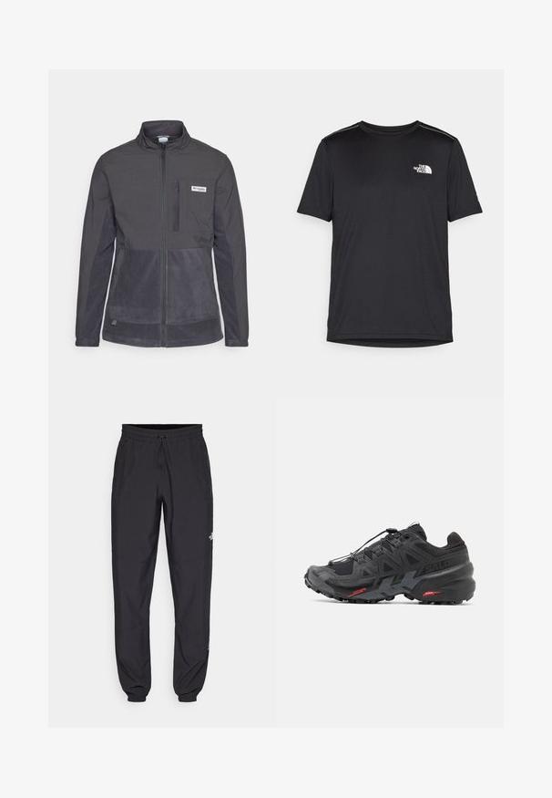 Columbia UNCHARTED™ FULL ZIP - Fliisjakk - shark; Must mustaöödiga must T-särk, mis on valmistatud kerge riidekanga. Esiküljel on vasakul rinnal väike valge logo ning õlgadel on peened aktsendid.; Mustavad sportlikud püksid, mis on valmistatud kergest kangast, joonlauaga taljest, küljetaskudega ja kitsenevate varrukatega pahkluude juures.; Mustad mustus jooksujalats sünteetilisest ülemisest, tekstuurse disaini ja kontrastsete punaste aktsentidega. Omab kinnitatud nöörisüsteemi ja karmist alaosa.