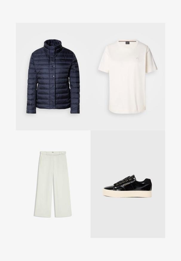 Doudoune marine avec un col haut, motif matelassé horizontal, fermetures à boutons et une texture lisse et brillante. Convient pour les temps froids.; T-shirt blanche en coton à manches courtes, col rond et avec un petit logo sur la poitrine. Texture lisse et ourlet droit.; Pantalons à jambes larges en tissu crème clair, dotés de poches latérales, d'un devant plat et d'une fermeture à un bouton à la taille. Texture lisse.; Baskets en cuir verni noir avec une semelle plate crème. Présentent des lacets noirs, des œillets dorés et un détail de logo sur le côté. Design de bout arrondi.