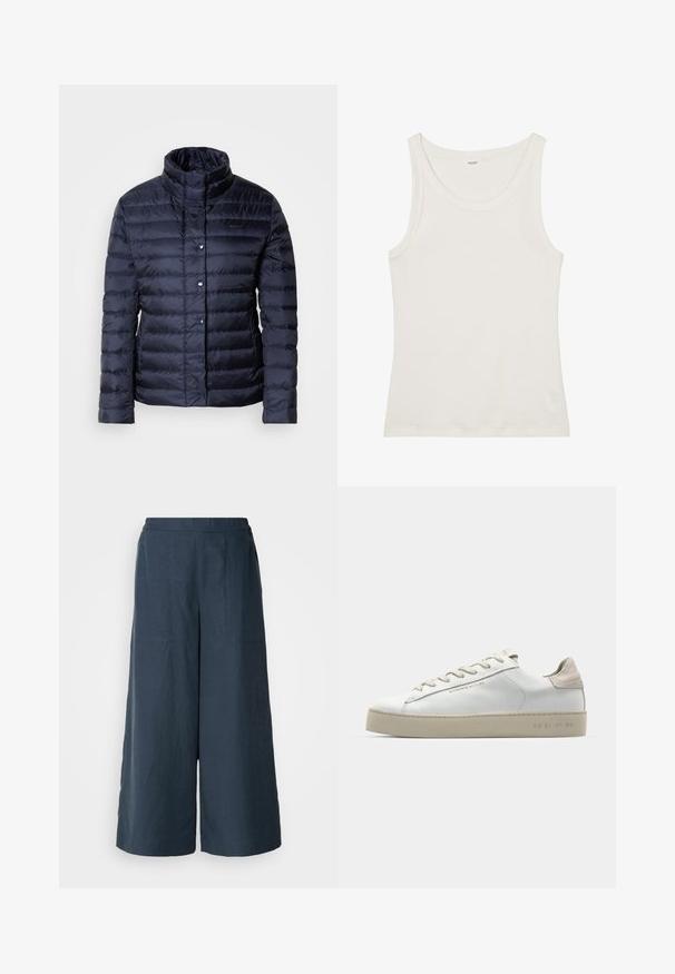 Granatowa kurtka puchowa z wysokim kołnierzem, poziomym pikowaniem, zapięciami na guziki i gładką, błyszczącą teksturą. Odpowiednia na zimną pogodę.; Biała bawełniana koszulka na ramiączkach z szerokim dekoltem i cienkimi ramiączkami. Gładka faktura bez widocznych wzorów czy zdobień.; Spodnie z szerokimi nogawkami w kolorze granatowym, wykonane z lekkiego materiału. Cechują się lekko teksturowaną powierzchnią, elastycznym pasem oraz szwami z przodu.; Białe skórzane sneakersy o gładkim wykończeniu, beżowe zamszowe akcenty, okrągły czubek, płaski system wiązania i teksturowana gumowa podeszwa.