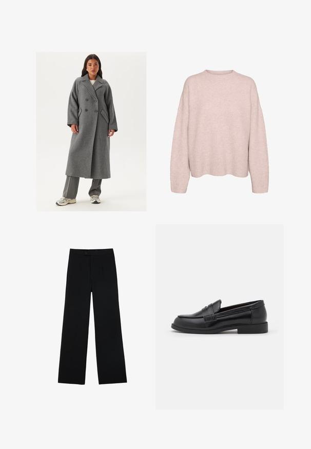 Cappotto grigio in lana doppiopetto con ampi revers, grandi bottoni e tasche laterali. Silhouette lunga e strutturata con una texture morbida.; Maglione lavorato a maglia rosa chiaro con maniche lunghe, polsini e orlo a coste, e colletto rotondo a girocollo, presentato su uno sfondo bianco.; Pantaloni neri a gamba larga realizzati in tessuto morbido, con chiusura frontale a bottoni e due pieghe per un dettaglio aggiuntivo. Design su misura in generale.; Mocassini in pelle nera con una superficie liscia, punta rotonda, dettagli cuciti sulla tomaia e suola piatta in gomma bassa.
