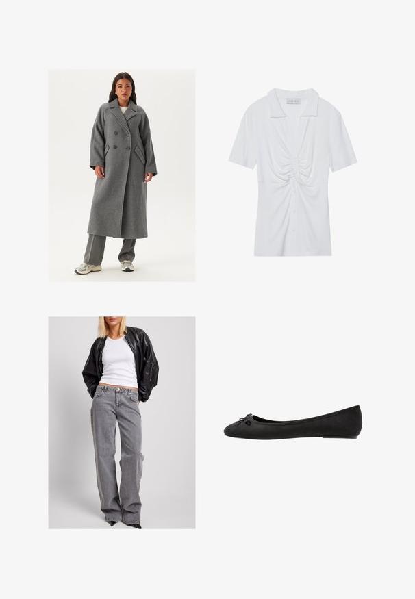 Dubbelknäppt grått yllekappa med vida revers, stora knappar och sidofickor. Lång, strukturerad silhuett med en mjuk textur.; Vit kortärmad blus med krage, som har en vriden knutdetalj framtill och en knappslå. Slät ribbtextur.; Svart läderbombarjacka, vit ribbad linne och hög midja grå denimjeans med lös passform, subtila sömmar och fickor med accent.; Svarta mocka ballerinas med rund tå, prydda med en dekorativ rosett framtill och en platt sula. Slät yta och klassisk form.