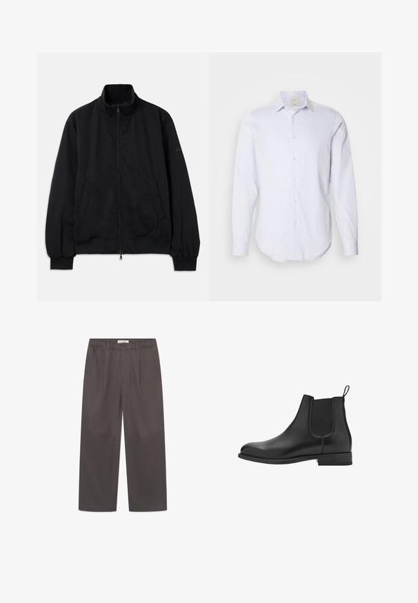 Giacca nera con colletto alto, chiusura frontale con zip, due tasche laterali, polsini e orlo a costine, realizzata in materiale liscio. Design semplice, senza loghi visibili.; Camicia a maniche lunghe azzurro chiaro e bianca a righe, con bottoni a tutta lunghezza, colletto a punta e orlo arrotondato. Materiale in cotone, texture morbida.; Pantaloni grigi a gamba larga realizzati in tessuto liscio, con chiusura a bottoni e due tasche laterali. Design semplice e pulito senza motivi visibili.; Stivali Chelsea in pelle nera con pannelli laterali elastici, punta arrotondata e tacco basso a blocco. Texture liscia e design pulito e minimalista.