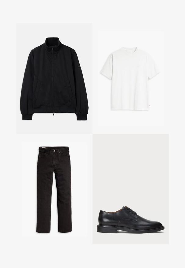 Black jacket with a high collar, front zipper, two side pockets, ribbed cuffs and hem, made from smooth material. Simple design, no visible logos.; White cotton t-shirt with short sleeves, crew neck, and subtle Levi's logo printed in the center. Soft texture and standard fit.; Black straight-leg denim jeans with five pockets, button closure, and belt loops, laid flat on a white background.; Black leather dress shoe with a round toe, lace-up design, and a low stacked heel. Smooth texture with minimal stitching details.