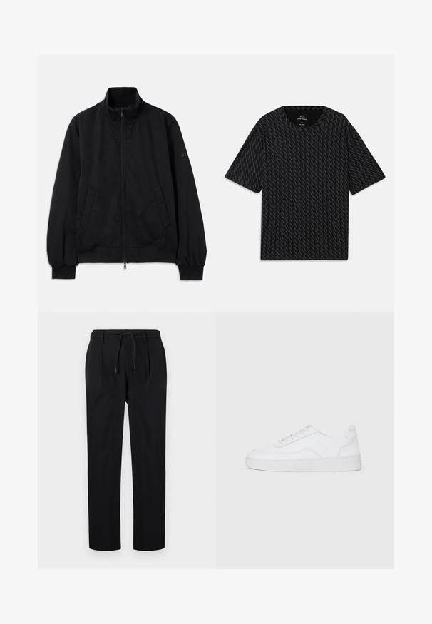 Black jacket with a high collar, front zipper, two side pockets, ribbed cuffs and hem, made from smooth material. Simple design, no visible logos.; Black T-shirt featuring a textured pattern of alternating 'A' logos, short sleeves, and a crew neckline. Made from lightweight fabric.; Black trousers made of smooth fabric, featuring a drawstring waist, straight legs, and front pleats for a structured look.; White low-top sneaker with lace-up front, smooth upper, and rubber sole on plain light background.