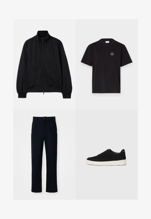 Fekete dzseki magas gallérral, elülső cipzárral, két oldalsó zsebbel, bordás mandzsettával és aljjal, sima anyagból készült. Egyszerű dizájn, látható logók nélkül.; Fekete pamut póló kerek nyakkal és rövid ujjakkal. Bal mellen egy kis kék logó található. Egyszerű, egyenes szabású dizájn.; Sötétkék pamut nadrág, egyenes szárú fazonnal, elülső gombos záródással és klasszikus derékkal, övhurkokkal.; Fekete velúr sportcipő fűzős dizájnnal és kontrasztos fehér gumitalppal. Jellemzői a textúrázott oldalpanelek és a diszkrét logó a sarokon.