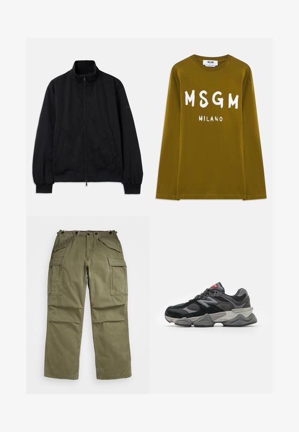 Sort jakke med høy krage, glidelås foran, to sidelommer, ribbestrikkede mansjetter og nederkant, laget av glatt materiale. Enkelt design, ingen synlige logoer.; Oliven grønn langermet t-skjorte laget av bomull, med stor hvit "MSGM" og "MILANO" tekst trykt foran.; Olivengrønne cargo bukser lavet af tekstureret stof, med flere lommer foran og i siden samt forstærket syninger i sømmene.; Svarte og grå joggesko med en blanding av semsket skinn og mesh-materialer, tykk såle, fremtredende logo, og rød detalj på tungen.