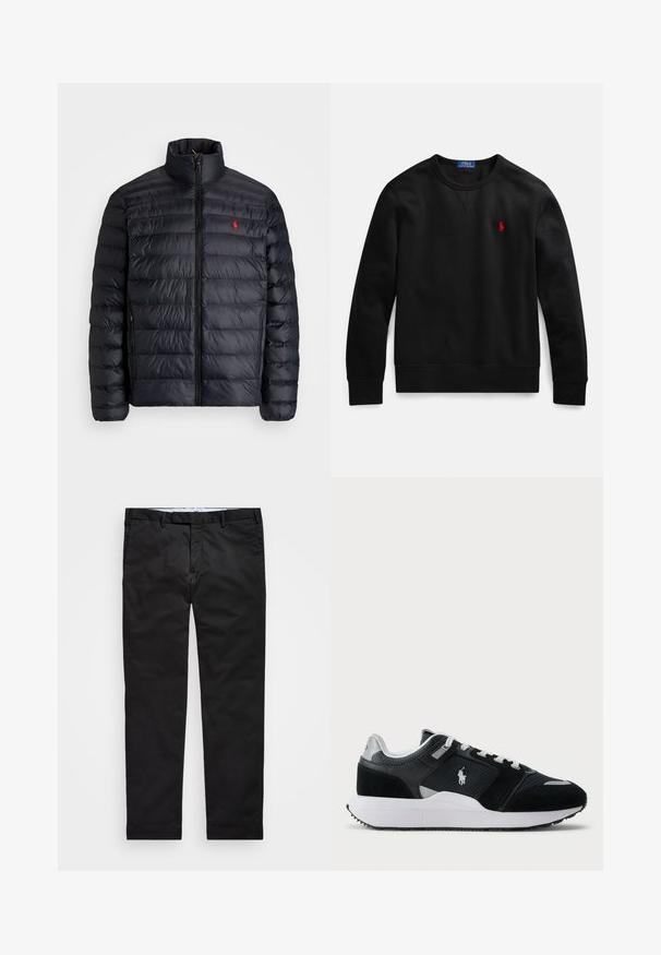 Juodas pūkuotas džemperis su aukštu apykakle, turintis siuvinėtą tekstūrą ir užtrauktuką priekyje. Pastebimas raudonas logotipas ant krūtinės, dvi šoninės kišenės.; Juodas medvilninis džemperis su apvalia iškirpte, kairėje krūtinės pusėje mažas raudonas logotipas, su ribuotomis rankogaliais ir apačia.; Juodos kelnės su tiesiomis kojomis, pagamintos iš medvilnės ir poliesterio mišinio, su užtrauktuku, diržo kilputėmis ir šoninėmis kišenėmis. Lygus paviršius.; Juoda ir balta žema sneakeris su tinklo ir zomšos viršumi, baltais raišteliais, balta pado dalimi ir polo žaidėjo logotipu šone.