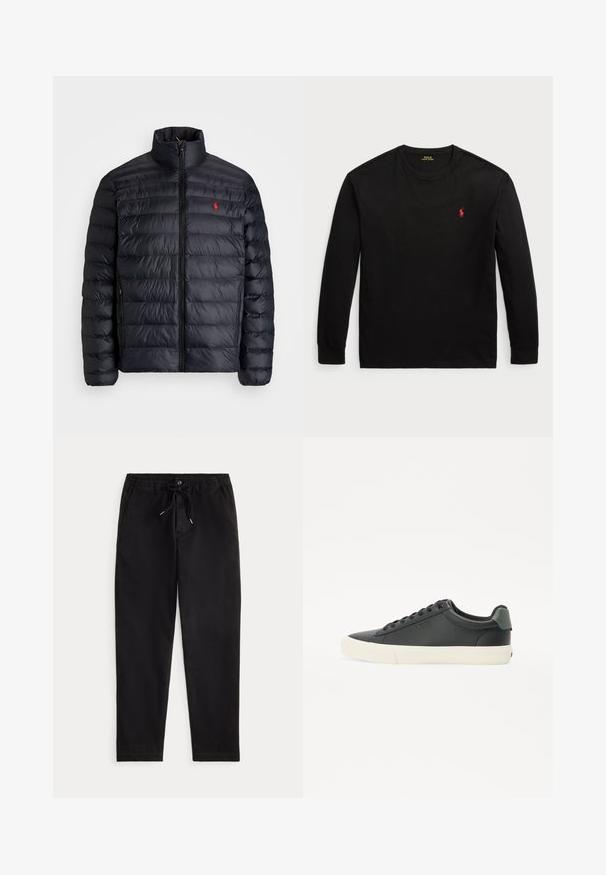 Svart pufferjacka med hög krage, med kviltad struktur och dragkedja fram. Anmärkningsvärd röd logotyp på bröstet, två sidofickor.; Svart långärmad t-shirt i bomull. Har en crew-neck, ribbade ärmslut och en liten röd broderad logotyp på bröstet. Slät yta.; Svarta avslappnade byxor med elastiskt midjeband, snörning, framknapp och sidofickor, visade på en enfärgad bakgrund.; Svarta lädersneakers med en texturerad yta, vit gummisula, rund tå och grönt inslag vid hälen. Design med snörning genom sex öglor.