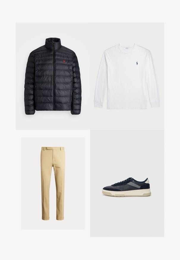 Melnā pūkainā jaka ar augstu apkakli, ar kvadrātkūtīgu tekstūru un priekšējo rāvējslēdzēju. Ievērojams sarkans logos uz krūtīm, divas sānu kabatas.; Baltas garām piedurknēm T-krekls, izgatavots no kokvilnas. Tam ir apaļa kakla izgriezne, ribotas piedurknes un neliels tumši zilas polo logo kreisajā krūtī.; Khaki chinos, kas izgatavoti no gludas kokvilnas auduma, ar pieguļošu dizainu, priekšējām krokām un elastīgiem galiem pie potītēm, nodrošinot sašaurinātu izskatu.; BOSS BALTIMORE - Sporta apavi - open blue