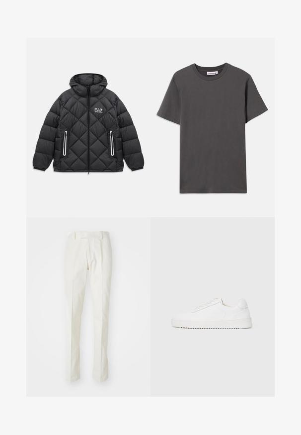 Crna bundeva jakna s kapuljačom, prednjim zatvaračem, dva džepa sa patentnim zatvaračem s reflektirajućim detaljima i EA7 Emporio Armani logom na prsima.; Prazna tamnosiva kratkotrajna majica s okruglim izrezom i kratkim rukavima, s malom bijelom oznakom brenda unutar ovratnika na bijeloj pozadini.; Bijele hlače od pamuka, s ravnim krojem, ravnim prednjim dijelom i bez vidljivih uzoraka ili metalnih dijelova. Glatka tekstura.; Bijela tenisica s glatkim kožnim gornjim dijelom, okruglim vrhom, vezicama, teksturiranim bočnim detaljima i debelim gumeni potplat. Minimalistički dizajn.