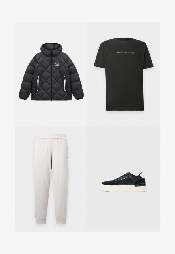 Black quilted jacket with hood, front zipper, two zippered pockets with reflective trims, and EA7 Emporio Armani logo on the chest.; Black short-sleeve crew neck t-shirt with "ARMANI EXCHANGE" printed in gold lettering across the chest.; Light gray sweatpants with an elastic waistband, side pockets, ribbed cuffs, and subtle branding on the leg, made of soft fabric.; Black sneaker made of mesh and leather, featuring a thick white sole and contrasting accents. Laces and logo detail on the side.