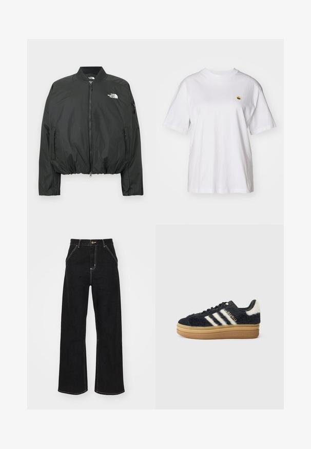 Črni bomber suknjič z zadrgo, rebrastim ovratnikom in elastičnim spodnjim delom. Na prsih ima logotip in stranske žepke z zadrgo. Gladek, lahek material.; Bela bombažna majica s sproščenim krojem, kratkimi rokavi in majhnim vezenim logotipom na levi strani prsnega predela.; Črne široke kavbojke iz denima, ki imajo kontrastne bele šive in sprednje gumbno zapiranje, ter dve nagnjeni sprednji žepi.; Črne z udobnim shaggy videzom, z belimi črtami in zlatim napisom, z debelim gumijastim podplatom in teksturirano zgornjim delom. Poudarjene s puhastim zadnjim delom.