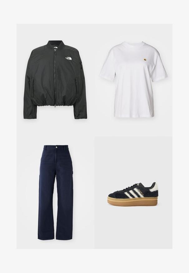 Črni bomber suknjič z zadrgo, rebrastim ovratnikom in elastičnim spodnjim delom. Na prsih ima logotip in stranske žepke z zadrgo. Gladek, lahek material.; Bela bombažna majica s sproščenim krojem, kratkimi rokavi in majhnim vezenim logotipom na levi strani prsnega predela.; Mornarsko modri široki cargo hlače iz trdnega bombažnega blaga, z bočnimi žepi in gumbom za zapiranje na pasu.; Črne z udobnim shaggy videzom, z belimi črtami in zlatim napisom, z debelim gumijastim podplatom in teksturirano zgornjim delom. Poudarjene s puhastim zadnjim delom.