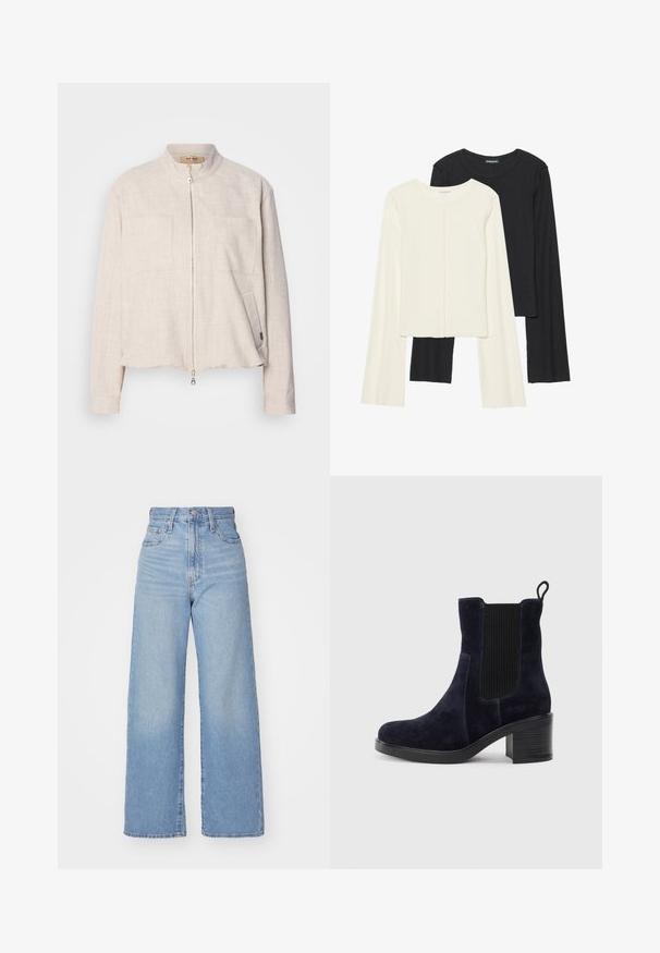 Lys beige jakke med høj krave, frontlynlås, to brystlommer og en tekstureret overflade. Croppet design og diskrete sømdetaljer.; Sæt med to langærmede toppe i hvid og sort. Ribbet tekstur, rund halsudskæring, tætsiddende design med let udvidede ærmer.; Lyseblå højtaljede bukser med bred benåbning, med frontknap og lynlås, samt for- og baglommer, på en hvid baggrund.; Marineblå ruskindsankelstøvle med elastisk sidepanel, rund tå og blokhæl. Struktureret stof og glat sål giver kontrast.