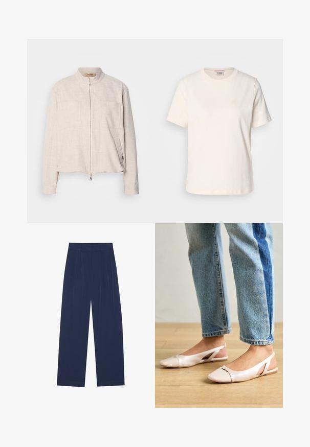 Lys beige jakke med høy krage, frontglidelås, to brystlommer og en teksturert stofffinish. Kuttet design og subtile søm detaljer.; Kremfarget bomull T-skjorte med korte ermer, rund hals og subtilt hevet logo detalj på forsiden. Glatt tekstur, avslappet passform.; Marineblå bukser med vide ben laget av mykt stoff, med frontfolder, en glatt tekstur og en rett passform uten synlige lommer.; Lys rosa slingback leiligheter med spiss tå, laget av et glatt, læraktig materiale. Har utskjæringer på sidene og lav hæl.