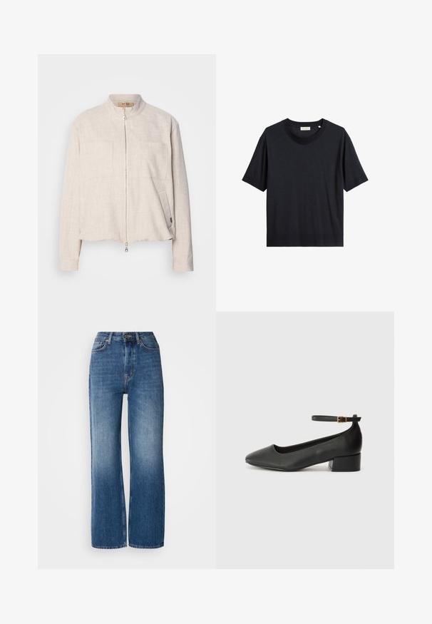 Veste beige clair avec un col montant, fermeture éclair à l'avant, deux poches poitrine et une finition en tissu texturé. Design cropped et détails de couture subtils.; T-shirt en coton noir à col rond, à manches courtes et à coupe décontractée. Le tissu semble lisse avec un léger brillant.; Jeans en denim bleu à taille haute et jambes larges avec un lavage dégradé, des coutures cuivrées, une fermeture à bouton à l'avant et cinq poches.; Escarpin en cuir noir avec un bout pointu et un petit talon bloc. Doté d'une bride de cheville avec une boucle dorée. Texture lisse.