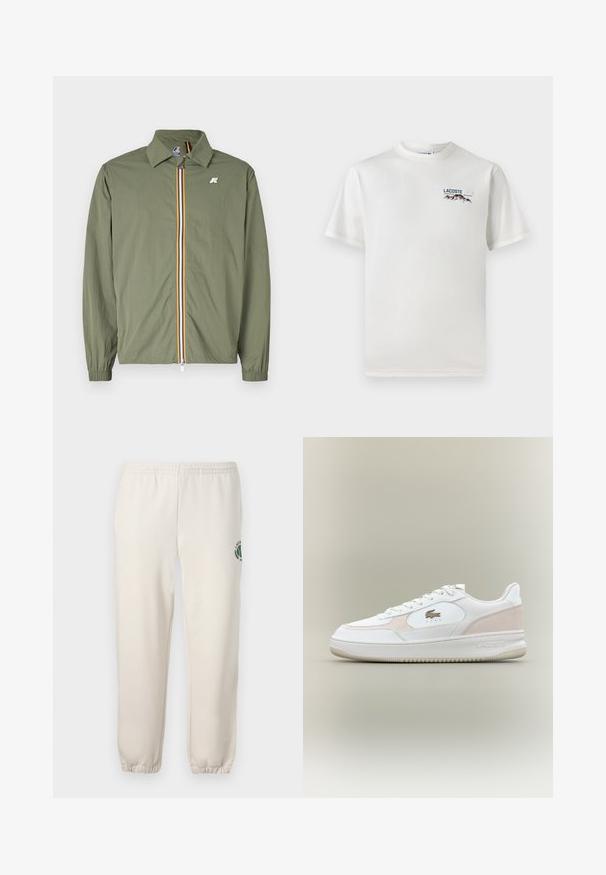 Olivgrüne leichte Jacke, Frontreißverschluss mit mehrfarbigen Streifen, spitzem Kragen, elastischen Bündchen und kleinem Logo auf der Brust.; Weißes Baumwoll-T-Shirt mit rundem Halsausschnitt, kurzen Ärmeln und kleinem gesticktem Logo mit Bergen und Text auf der linken Brust.; Helle beige Sweatpants aus Baumwolle mit einem elastischen Bund, gerippten Bündchen und einem grünen Logo mit Blattdesign am linken Bein.; Weiße Sneaker mit glattem Lederobermaterial, Wildlederakzenten und Gummisohle. Verfügt über ein geprägtes Logo und ein Schnürdesign. Minimalistische Ästhetik.