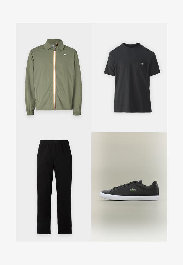 Jacket leveira verde oliva, fecho frontal com riscas multicoloridas, colarinho pontudo, punhos elásticos e pequeno logotipo no peito.; Camiseta de algodão preta com mangas curtas, decote redondo e um pequeno logo verde no bolso do peito esquerdo. Design simples, corte regular.; Calças pretas feitas de um tecido de algodão misto, com corte reto, cintura elástica com botão e sem padrões ou detalhes visíveis.; Tênis de couro preto com sola de borracha branca, apresentando um logotipo de crocodilo verde e cadarços redondos, design elegante com textura suave.