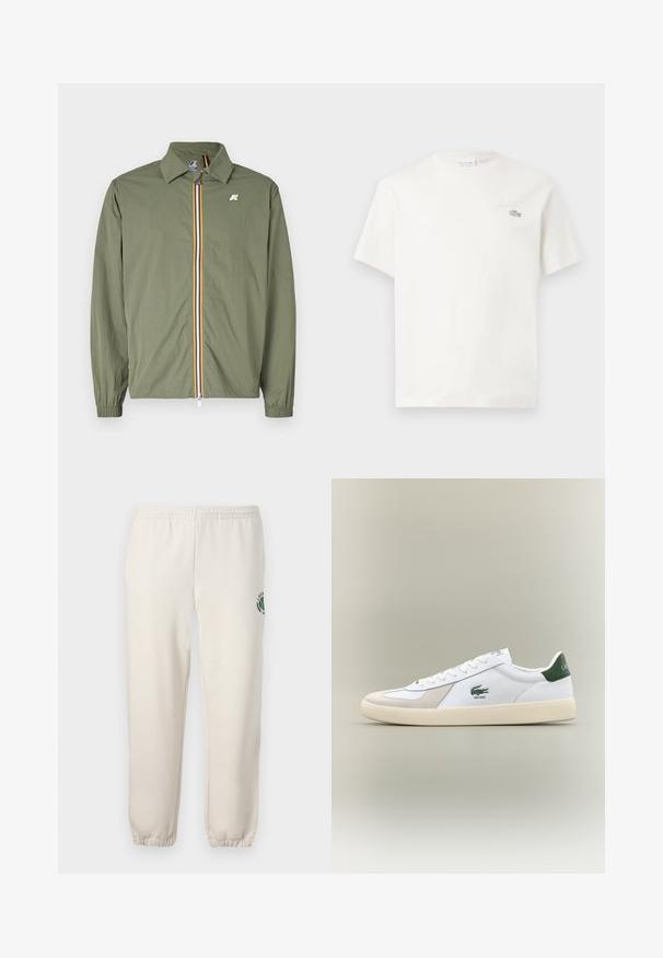 Alyvinė lengva striukė, priekyje su užtrauktuku, su daugiaspalvėmis juostelėmis, smaigalio formos apykakle, elastiniais rankogaliais ir mažu logotipu ant krūtinės.; Balta medvilninė marškinėliai trumpomis rankovėmis, su subtiliu išsiuvinėtu logotipu ir minimalistišku dizainu. Minkšta tekstūra, apvalus kaklas.; Šviesiai smėlinės spalvos medvilninės kelnės, su elastinga juosta, raukšlėtomis rankovėmis ir žalia logotipo su lapo dizainu kairiajame šone.; Baltos sportbačiai su žaliais akcentais, pagaminti iš zomšos ir odos, su apvaliu nose, tekstūruotu padu ir siuvinėtu logotipu šone bei ant liežuvio.