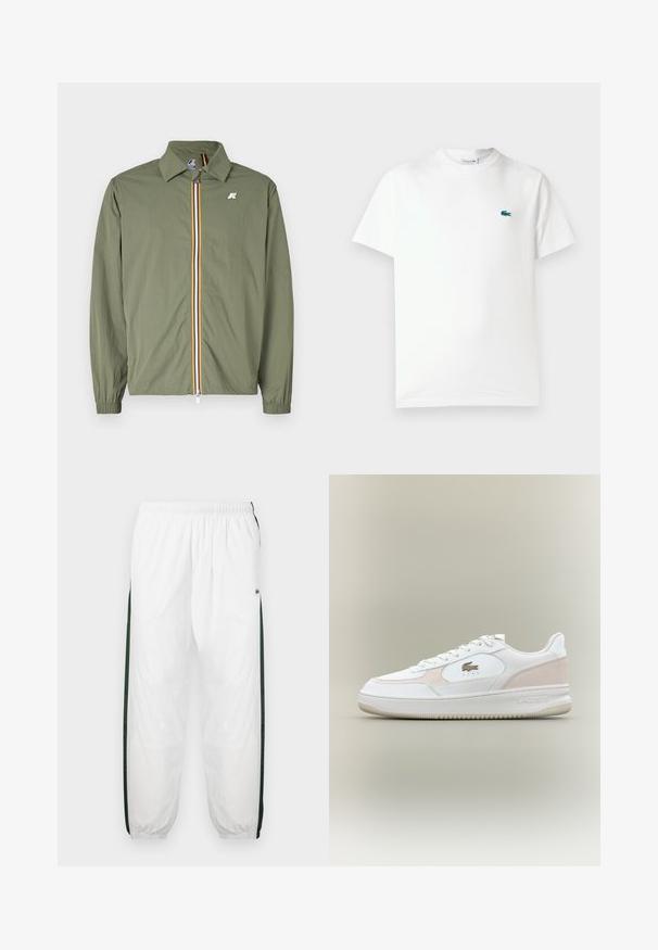 Olivgrön lättviktsjacka, frontdragkedja med flerfärgade ränder, spetsig krage, elastiska ärmslut och liten logotyp på bröstet.; Vit bomullströja med rundad hals, korta ärmar och en liten grön broderad krokodil-logotyp på vänster bröst.; Vita träningsbyxor med mörkgröna sidopaneler. Lätt material, elastisk midjeband och nedhasade fållar. Har nätstruktur på sidopanelerna.; Vita sneakers med slät läderöverkänsla, anteckningsdetaljer och gummisula. Har präglad logo och snörningsdesign. Minimalistisk estetik.