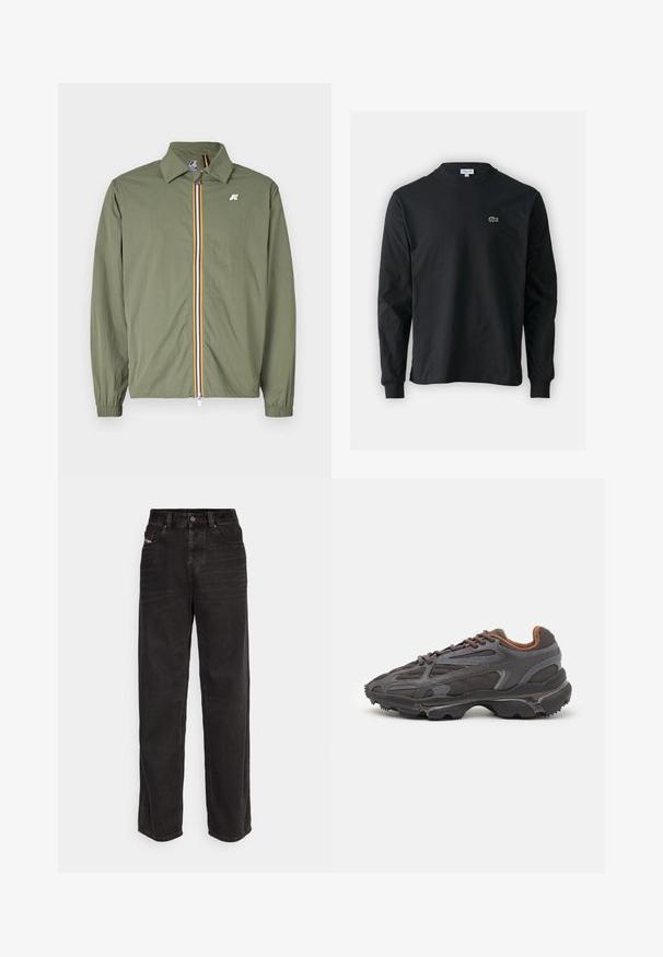Kevyt oliivinvihreä takki, edessä vetoketju, moniväriset raidat, terävä kaulus, joustavat hihansuut ja pieni logo rinnassa.; Musta pitkähiha t-paita, joka on valmistettu puuvillasta. Paita on varustettu pyöreällä kaula-aukolla ja vasemmassa rinnassa on pieni vihreä brodeerattu krokotiililogo.; Mustat denim pitkät housut, joissa on korkea vyötärö, etupainike, kaksi sivutaskua ja hienovaraiset ompeluyksityiskohdat.; Lacoste-tennar i mörkgrått med nät- och syntetmaterial, med en texturerad sula och bruna accenter på kragen och märket.