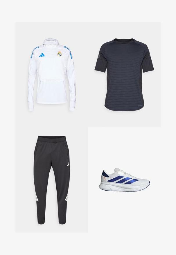 Bílý sportovní pulovr s dlouhými rukávy, polo zipem a modrými akcenty. Obsahuje erb Real Madrid a loga Adidas. Hladká textura.; Krátký rukáv sportovní tričko v tmavě šedé barvě, s texturovaným vzorem, materiálem odvádějícím vlhkost a designem s kulatým výstřihem.; Černé atletické kalhoty se zúženými nohavicemi, elastickým pasem, bočními kapsami a bílým logem a proužky jako ozdobou. Vyrobené z hladkého, lehkého materiálu.; Bílé sportovní boty s modrými akcenty, síťovinový svršek, tři modré pruhy, zaoblená špička, lehká podrážka a texturovaný povrch pro lepší přilnavost.