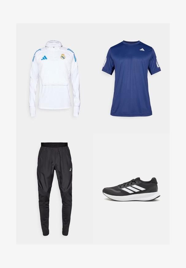 Witte sportieve pullover met lange mouwen, rits tot de helft, en blauwe accenten. Voorzien van het Real Madrid-embleem en Adidas-logo's. Soepele textuur.; Navyblauw sportshirt met korte mouwen, gemaakt van een gladde stof, met een ronde hals en een wit logodetail op de bovenste linkerborst.; Zwarte sportbroek met een rekbare tailleband, zijzakken en contrasterende textuurpanelen op de benen. Asics-logo op de heup.; Zwart sportief schoen met ademend mesh bovenwerk, witte accenten en een gevoerde zool. Beschikt over een logo met drie strepen aan de zijkant.