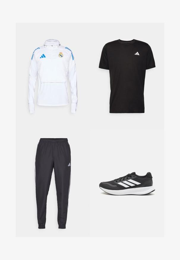 Hvit atletisk genser med lange ermer, halv-zip krage, og blå detaljer. Har Real Madrid-emblemet og Adidas-logoene. Glatt tekstur.; Svart bomulls t-skjorte med korte ermer, rund hals og en hvit logo på venstre bryst. Glatt tekstur og enkelt design.; Svart treningsbukser med elastisk liv, med hvite striper langs sidene og en liten logo på hoften. Glatt tekstur.; Svarte sportsko med pustende mesh-overdel, hvite detaljer og en polstret såle. Har tre striper-logo på siden.